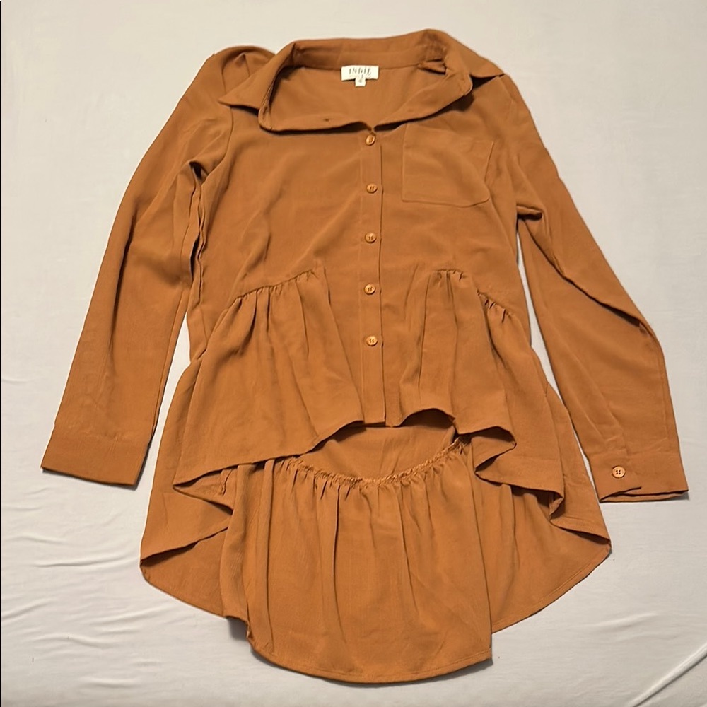 Brown Button-Up High-Low Blouse